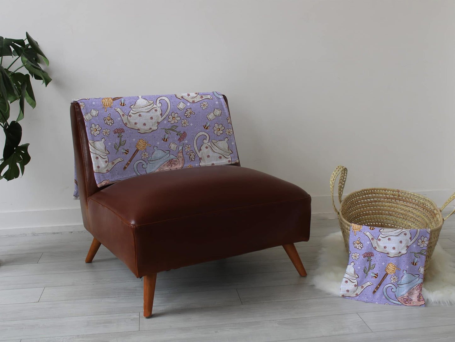 Purple tea playmat, swaddle, and blanket