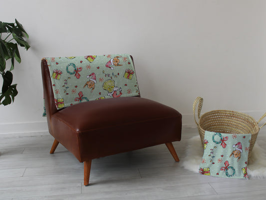 Green guy Playmat, swaddle, and blanket