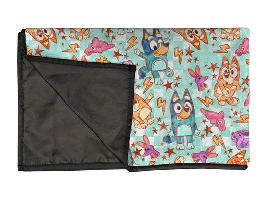 Blue sisters playmat, swaddle, and blanket