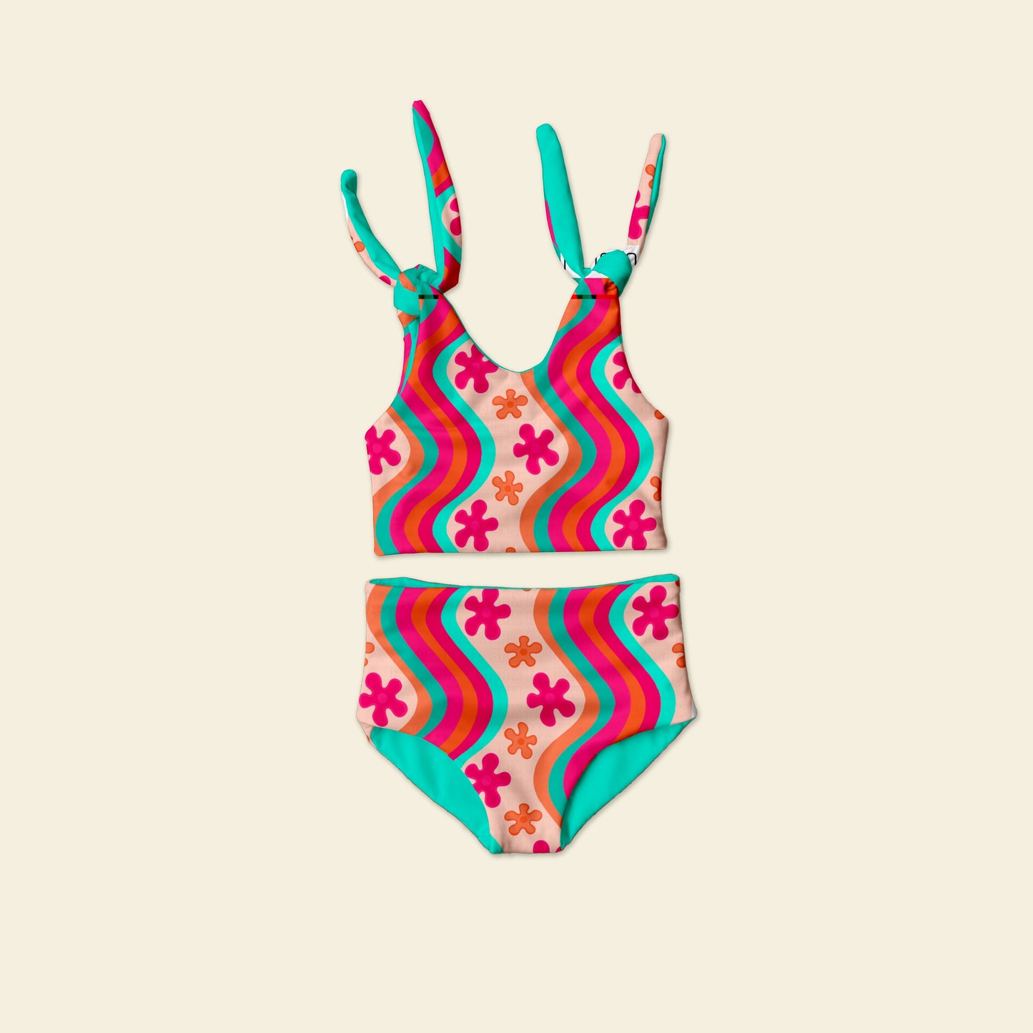 Wavy flowers  Reversible bathing suite with solid color match