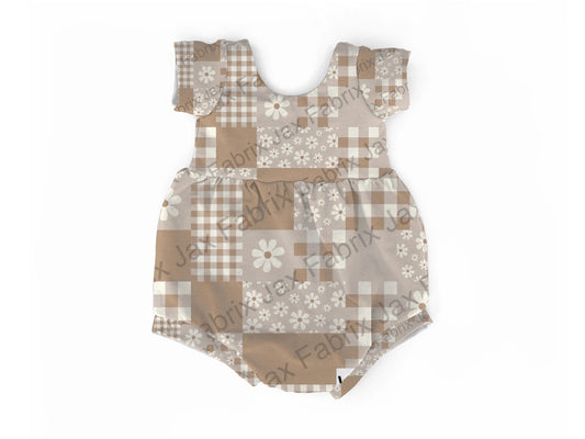Beige patchwork  bubble romper